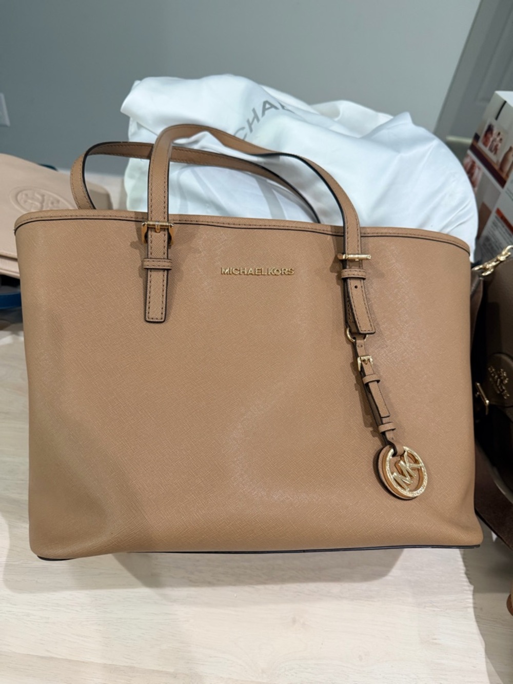 Michael Kors Neutral Tan Saffiano Leather Tote with Gold Hardware